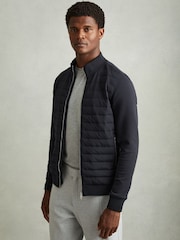 Reiss Navy Freddie Hybrid Quilt and Interlock Jersey Zip-Through Jacket - Image 1 of 5