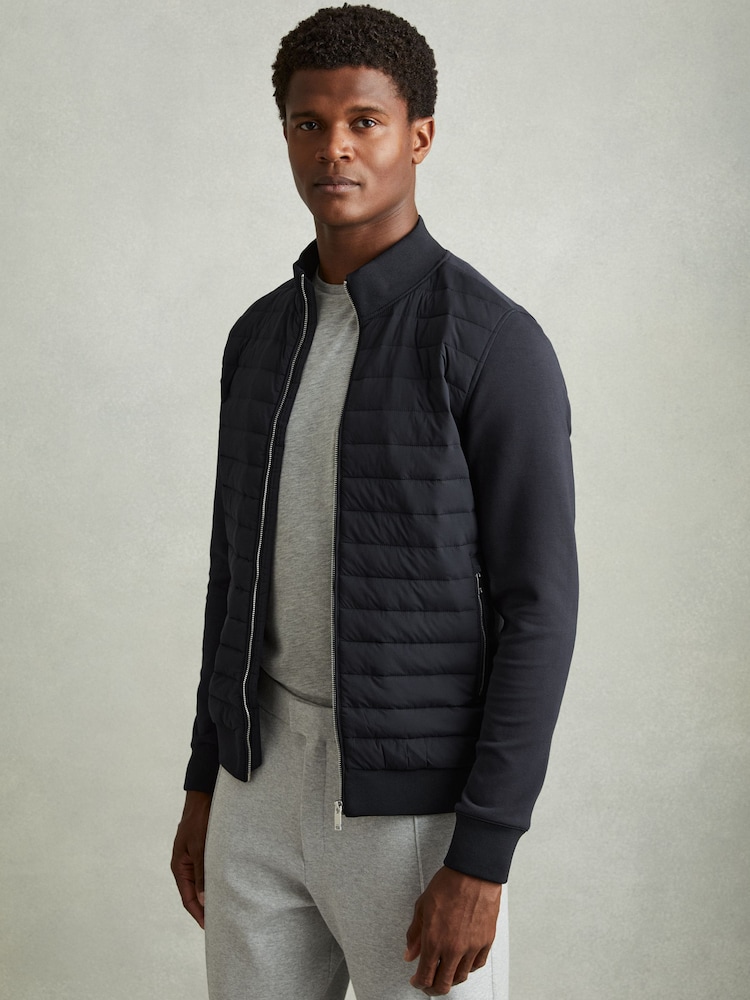 Reiss Navy Freddie Hybrid Quilt and Interlock Jersey Zip-Through Jacket - Image 1 of 5