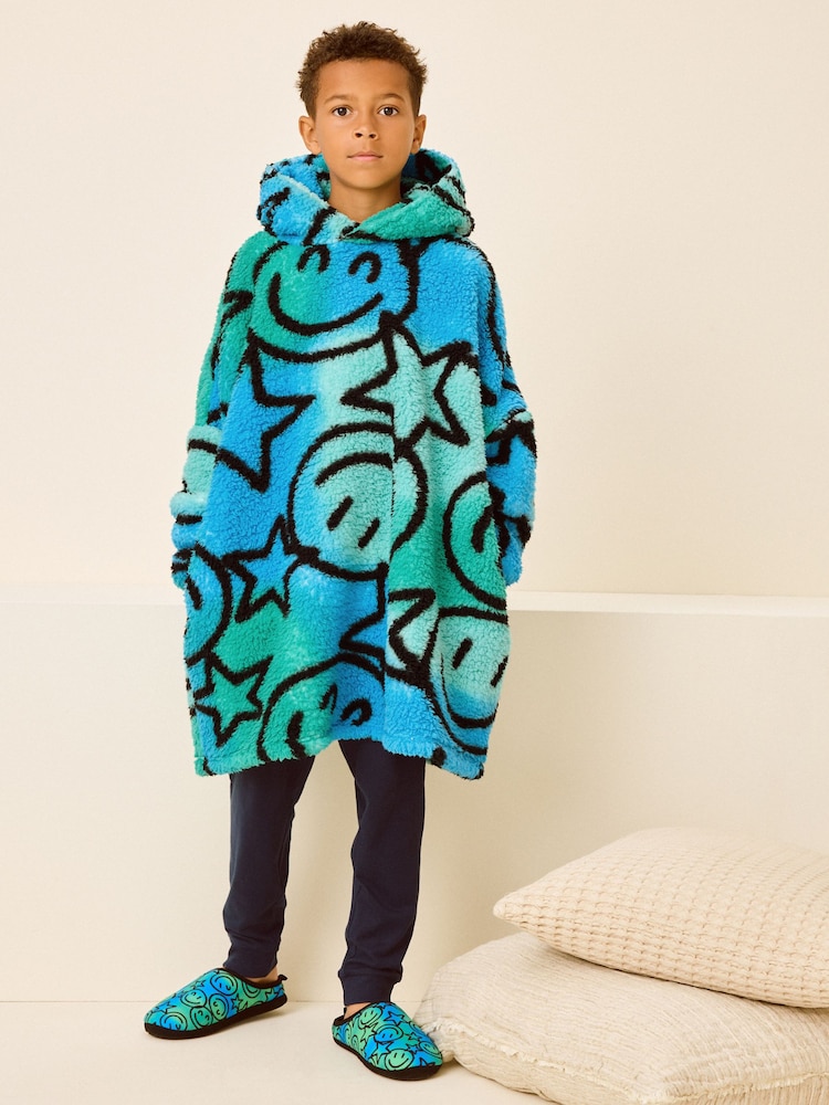 Blue/Green Smiley Face Fleece Hooded Blanket (3-16yrs) - Image 1 of 7