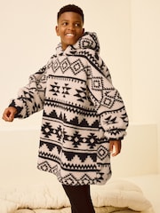 Cream/Black Aztec Print Fleece Hooded Blanket (3-16yrs) - Image 1 of 8