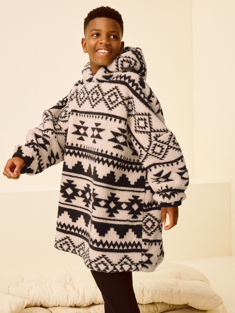 Cream/Black Aztec Print Fleece Hooded Blanket (3-16yrs) - Image 1 of 8