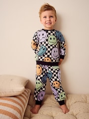 Neutral/Black Checkerboard Smile Face Single Soft Touch Fleece With Elastane Pyjamas (9mths-12yrs) - Image 1 of 8