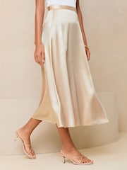 Lipsy Champagne Gold Petite Satin A Line Midi Skirt - Image 1 of 4