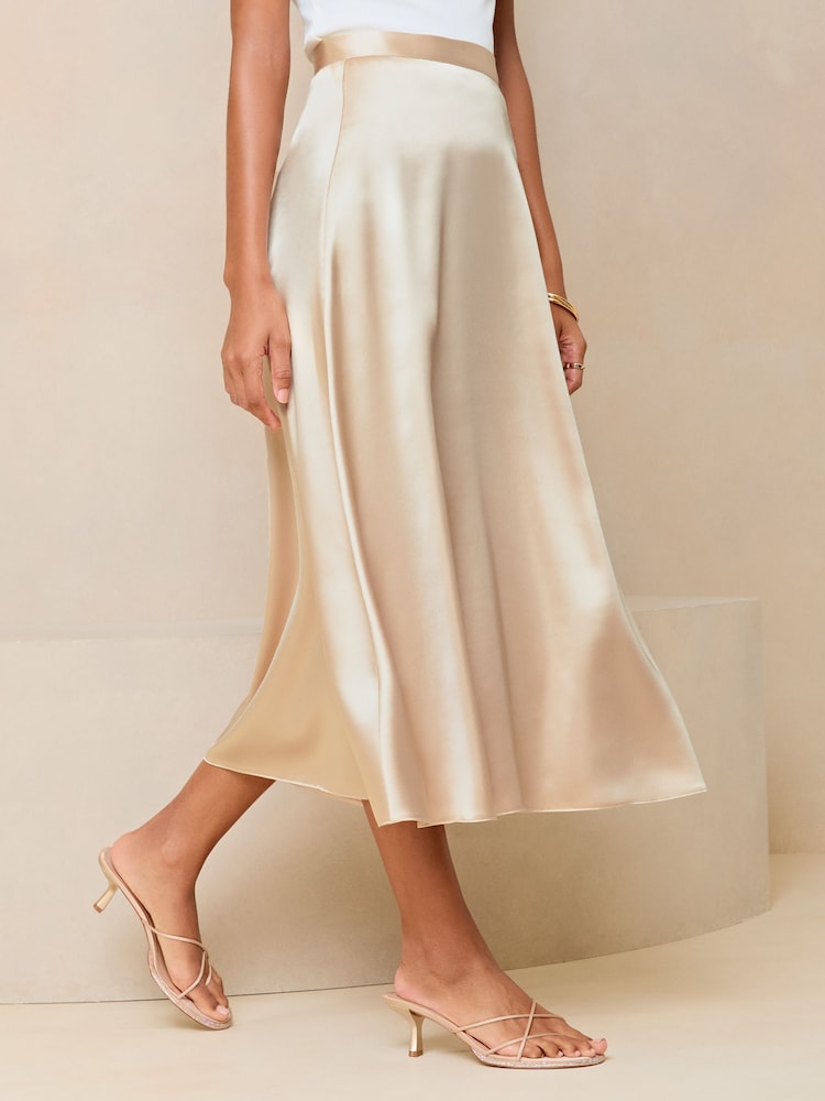 Lipsy Champagne Gold Petite Satin A Line Midi Skirt - Image 1 of 4