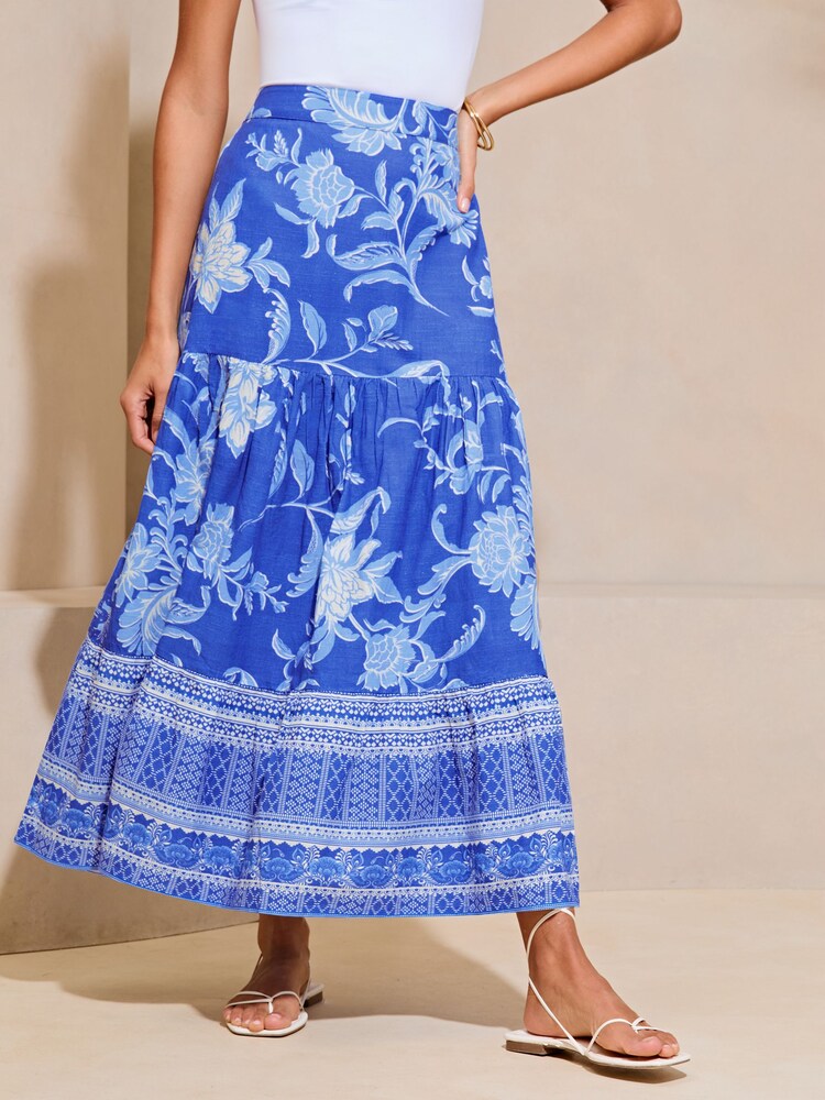 Lipsy Blue Tiered Printed Midi Skirt - Image 1 of 1 Lipsy Blue Tiered Printed Midi Skirt - Image 1 of 1