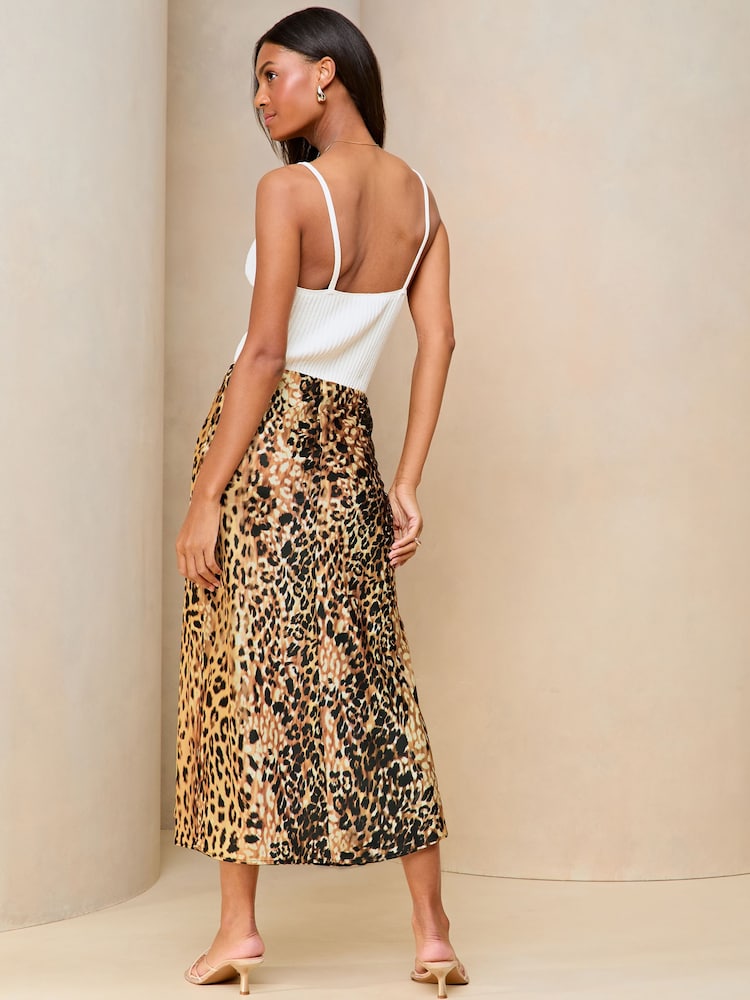 Lipsy Leopard Print Satin Bias Cut Midi Skirt - Image 2 of 4