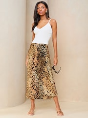 Lipsy Leopard Print Satin Bias Cut Midi Skirt - Image 3 of 4