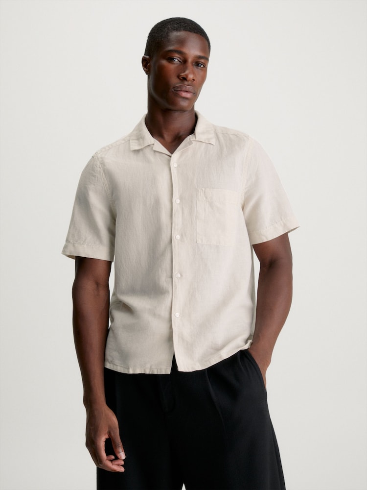Calvin Klein Natural Linen Cuban Shirt - Image 1 of 3 Calvin Klein Natural Linen Cuban Shirt - Image 1 of 3