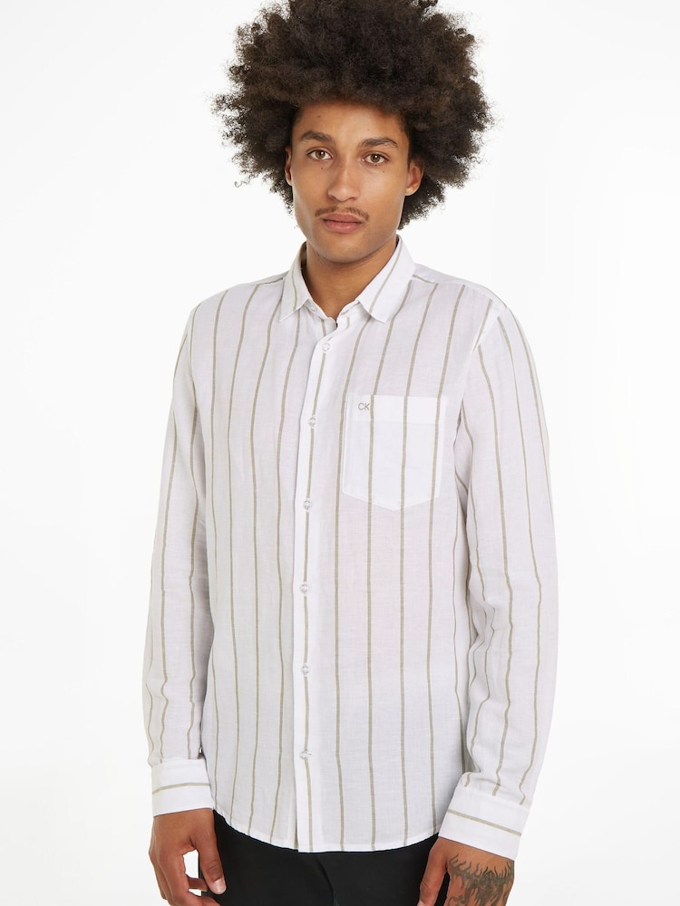 Calvin Klein Green Linen Cotton Stripe Shirt - Image 1 of 5 Calvin Klein Green Linen Cotton Stripe Shirt - Image 1 of 5