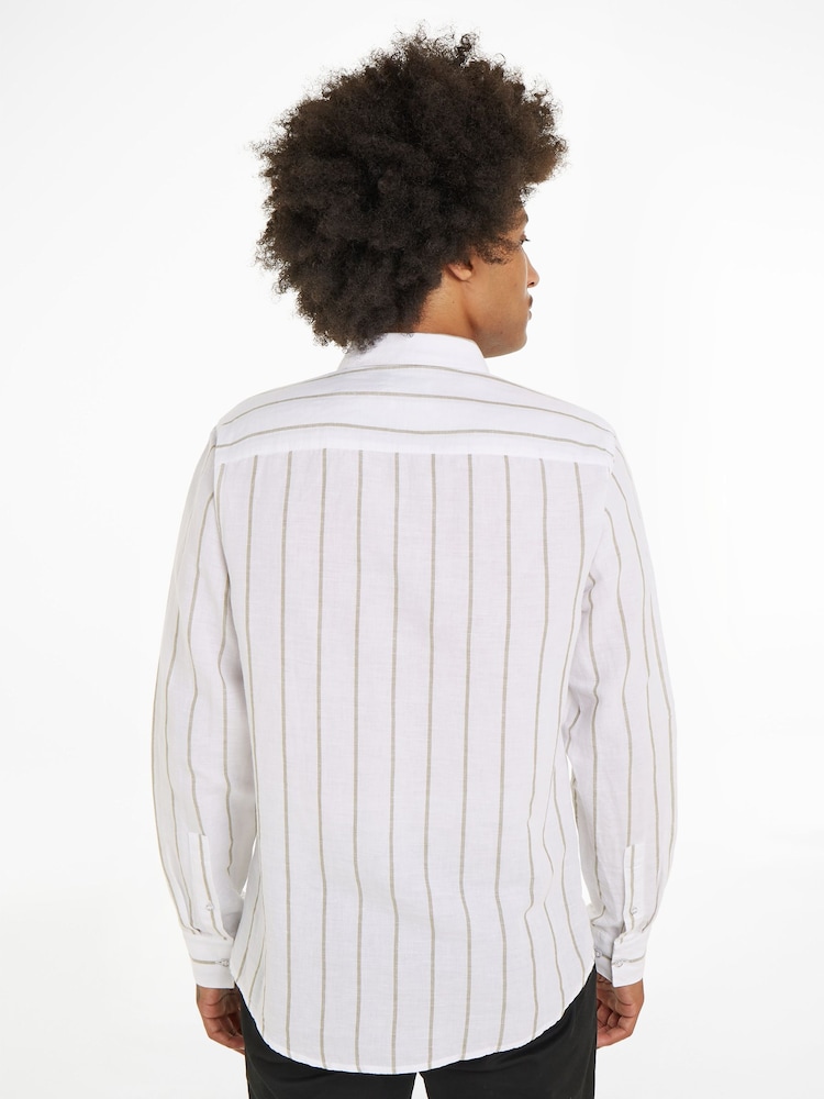 Calvin Klein Green Linen Cotton Stripe Shirt - Image 2 of 5 Calvin Klein Green Linen Cotton Stripe Shirt - Image 2 of 5