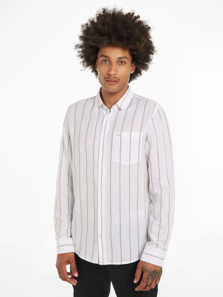 Calvin Klein Green Linen Cotton Stripe Shirt - Image 5 of 5 Calvin Klein Green Linen Cotton Stripe Shirt - Image 5 of 5