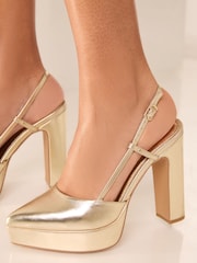 Золотой - Lipsy High Heeled Platform Faux Leather Slingback Court Shoe - Image 3 of 4