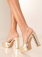 Золотой - Lipsy High Heeled Platform Faux Leather Slingback Court Shoe - Image 4 of 4