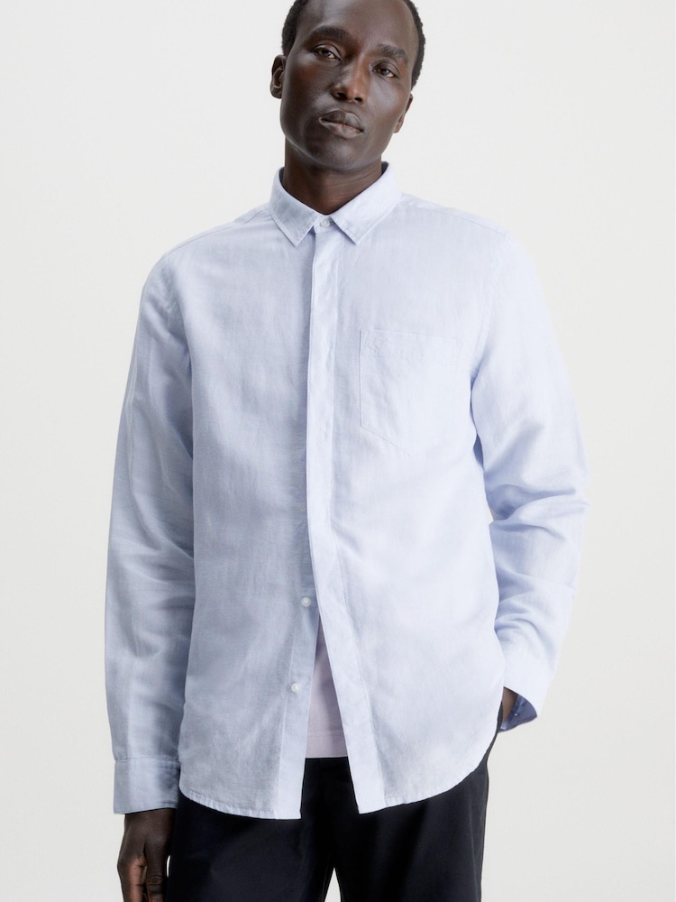 Calvin Klein Blue Regular Linen Cotton Shirt - Image 1 of 4