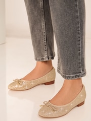 Lipsy Gold Flat Embellished Bow Ballet Pump Ballerina - Image 3 of 4