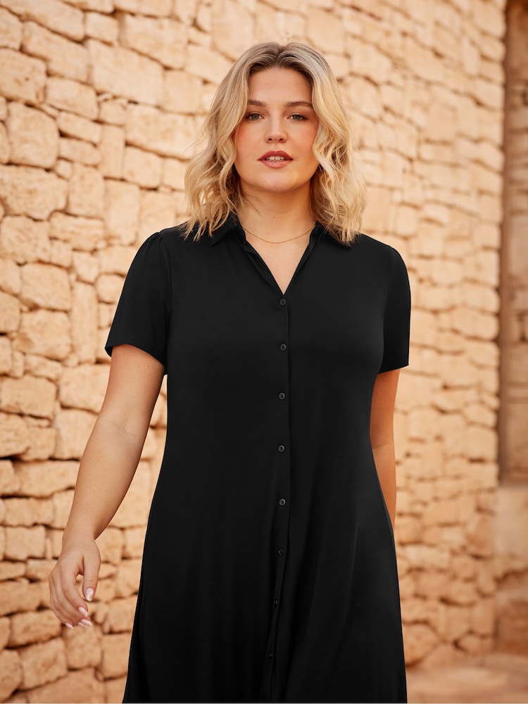 Live Unlimited Black Jersey Tiered Midi Shirt Dress - Image 2 of 6