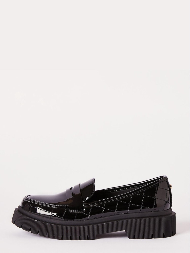 Lipsy Black Faux Leather Chunky Quilted Slip On Loafer School Shoe - Image 1 of 2