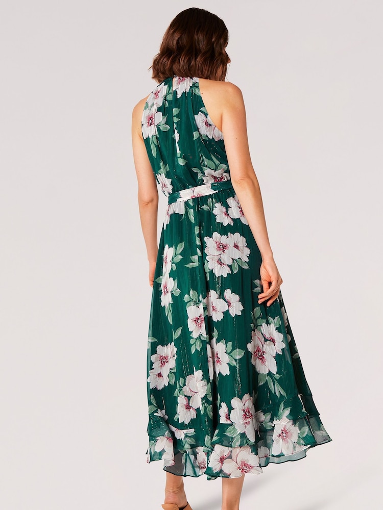 Apricot Green Painterly Floral Shimmer Midi Dress - Image 2 of 4