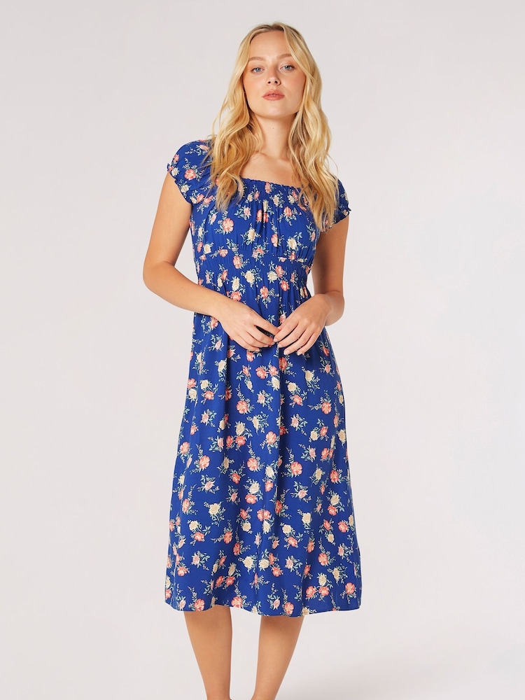 Apricot Blue Vintage Rose Milkmaid Midi Dress - Image 1 of 8