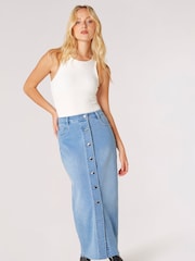 Apricot Blue Button Down Denim Midi Skirt - Image 1 of 5