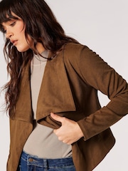 Apricot Brown Cropped Suede Waterfall Jacket - Image 4 of 5