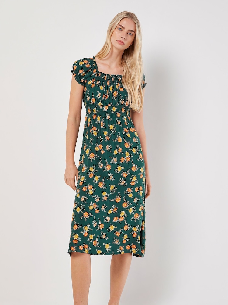 Apricot Green Vintage Rose Milkmaid Midi Dress - Image 1 of 5