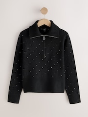 Black Embellished Supersoft Funnel Zip Neck Jumper - Image 1 of 3