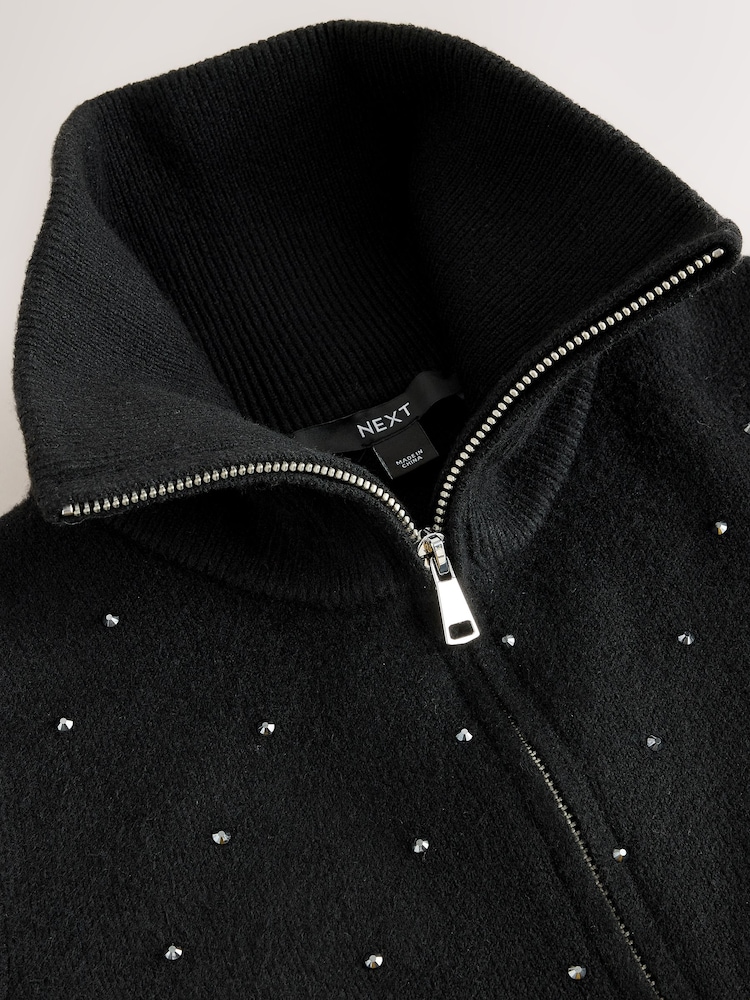 Black Embellished Supersoft Funnel Zip Neck Jumper - Image 2 of 3 Black Embellished Supersoft Funnel Zip Neck Jumper - Image 2 of 3