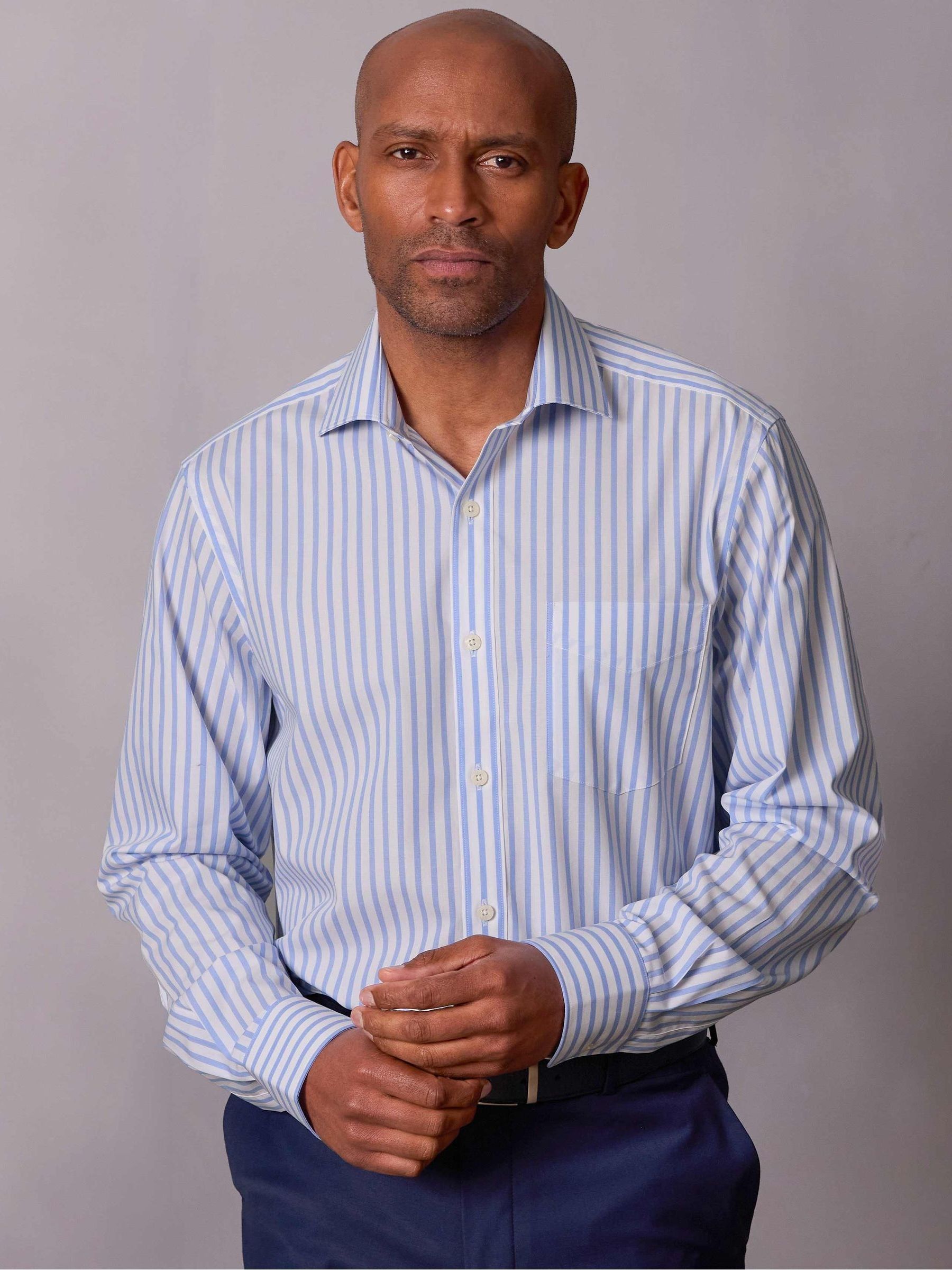 トップス MagazinePocketChainStitchOpenCollarShirt Buy Savile Row Company Blue Classic Fit Striped Cotton Poplin