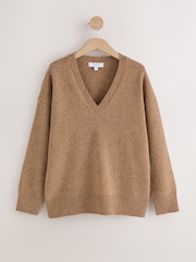Camel Brown Neppy N.Premium Merino Wool V-Neck Jumper - Image 1 of 3