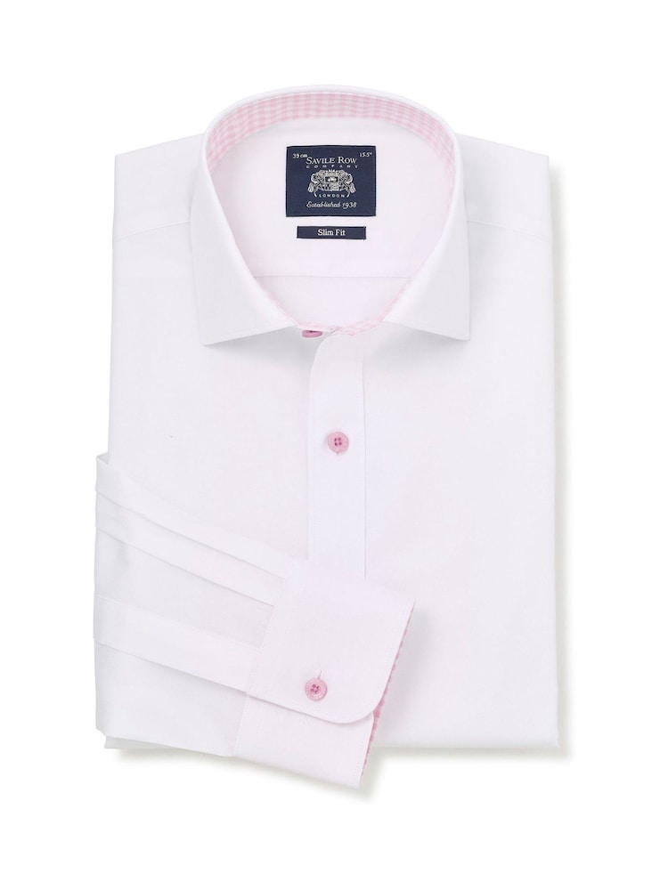 Savile Row Company White Slim Fit Cotton Poplin Contrast Button Pink Gingham Trim Formal Shirt - Image 1 of 3 Savile Row Company White Slim Fit Cotton Poplin Contrast Button Pink Gingham Trim Formal Shirt - Image 1 of 3