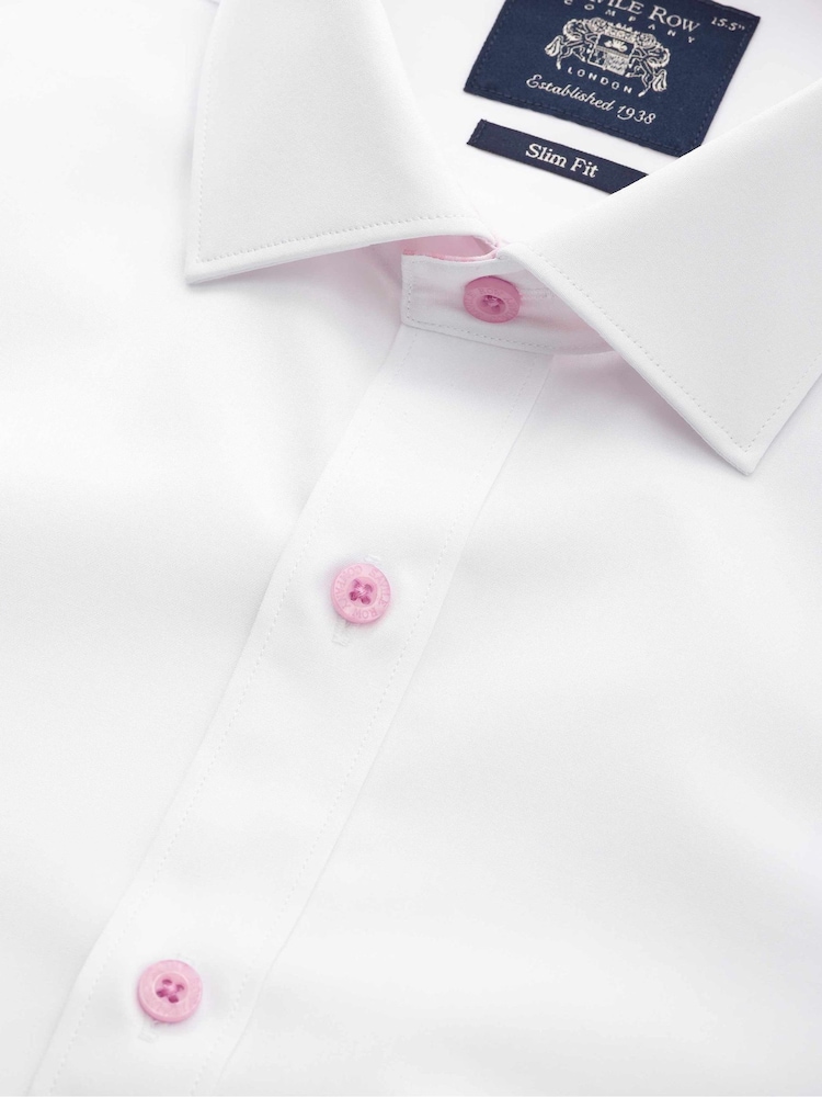 Savile Row Company White Slim Fit Cotton Poplin Contrast Button Pink Gingham Trim Formal Shirt - Image 2 of 3 Savile Row Company White Slim Fit Cotton Poplin Contrast Button Pink Gingham Trim Formal Shirt - Image 2 of 3