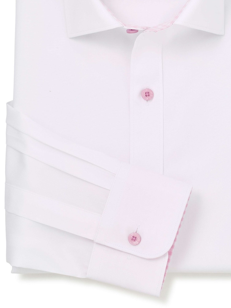 Savile Row Company White Slim Fit Cotton Poplin Contrast Button Pink Gingham Trim Formal Shirt - Image 3 of 3 Savile Row Company White Slim Fit Cotton Poplin Contrast Button Pink Gingham Trim Formal Shirt - Image 3 of 3