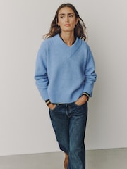 Azul claro - Long Sleeve High V-Neck Fuzzy Knit Jumper With Wool - Imagem 1 de 7