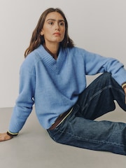 Azul claro - Long Sleeve High V-Neck Fuzzy Knit Jumper With Wool - Imagem 2 de 7