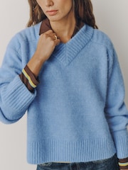 Azul claro - Long Sleeve High V-Neck Fuzzy Knit Jumper With Wool - Imagem 4 de 7