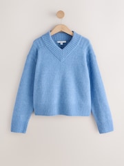 Azul claro - Long Sleeve High V-Neck Fuzzy Knit Jumper With Wool - Imagem 5 de 7