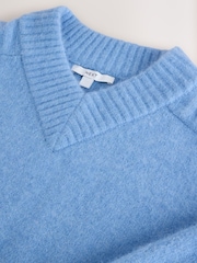 Azul claro - Long Sleeve High V-Neck Fuzzy Knit Jumper With Wool - Imagem 7 de 7