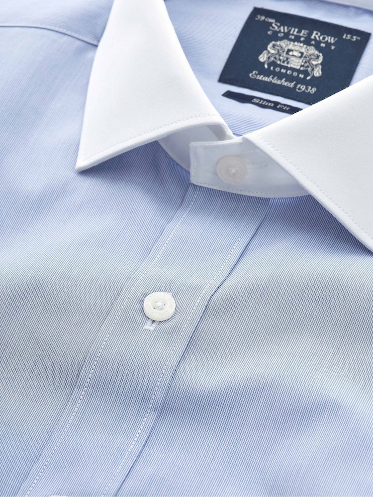 Savile Row Company Blue Slim Fit Cotton Poplin Striped Winchester Double Cuff Formal Shirt - Image 5 of 5
