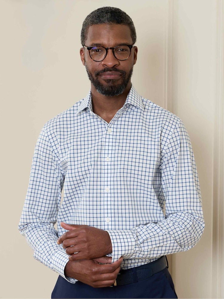 Savile Row Company Blue Slim Fit Window Check Cotton Poplin Single Cuff Formal Shirt - Image 1 of 6