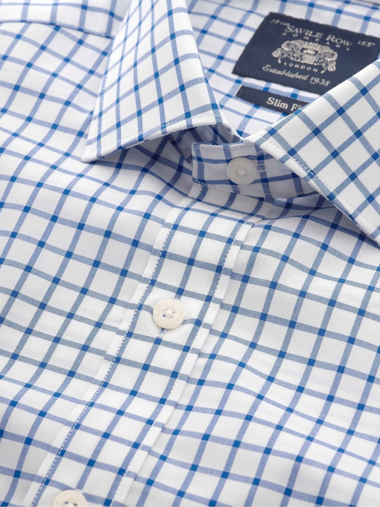 Savile Row Company Blue Slim Fit Window Check Cotton Poplin Single Cuff Formal Shirt - Image 6 of 6