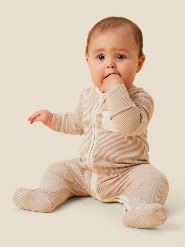 MORI Neutral Stripe Supersoft 2 Way Zip Up Clever Sleepsuit - صورة 1 من 5
