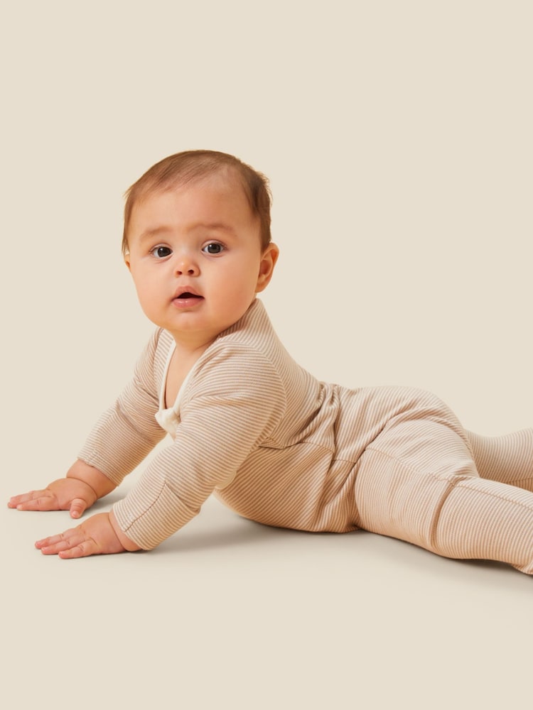 MORI Cream Cotton & Bamboo Stripe Zip Up Sleepsuit - Image 2 of 4