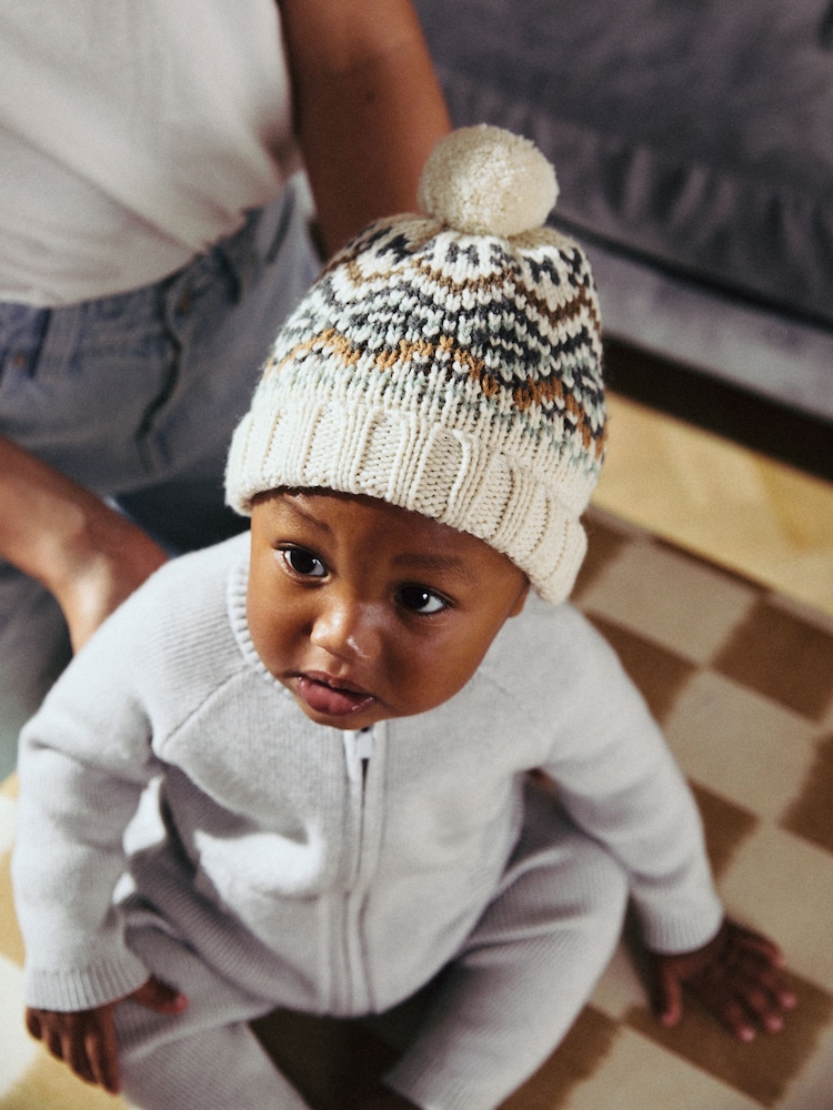 Ecru Cream Fairisle Pattern Baby Knitted Pom Hat (0mths-2yrs) - Image 1 of 5