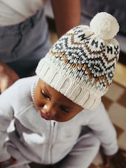 Ecru Cream Fairisle Pattern Baby Knitted Pom Hat (0mths-2yrs) - Image 2 of 5
