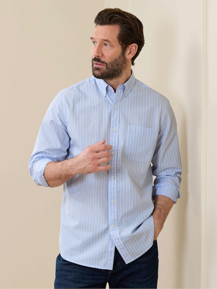 Savile Row Company Blue Classic Fit Striped Cotton Poplin Button Down Smart Casual Shirt - Image 1 of 5 Savile Row Company Blue Classic Fit Striped Cotton Poplin Button Down Smart Casual Shirt - Image 1 of 5