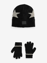 smALLSAINTS Black Metallic Gold Star Beanie and Gloves Set - Image 1 of 7