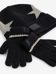 smALLSAINTS Black Metallic Gold Star Beanie and Gloves Set - Image 2 of 7