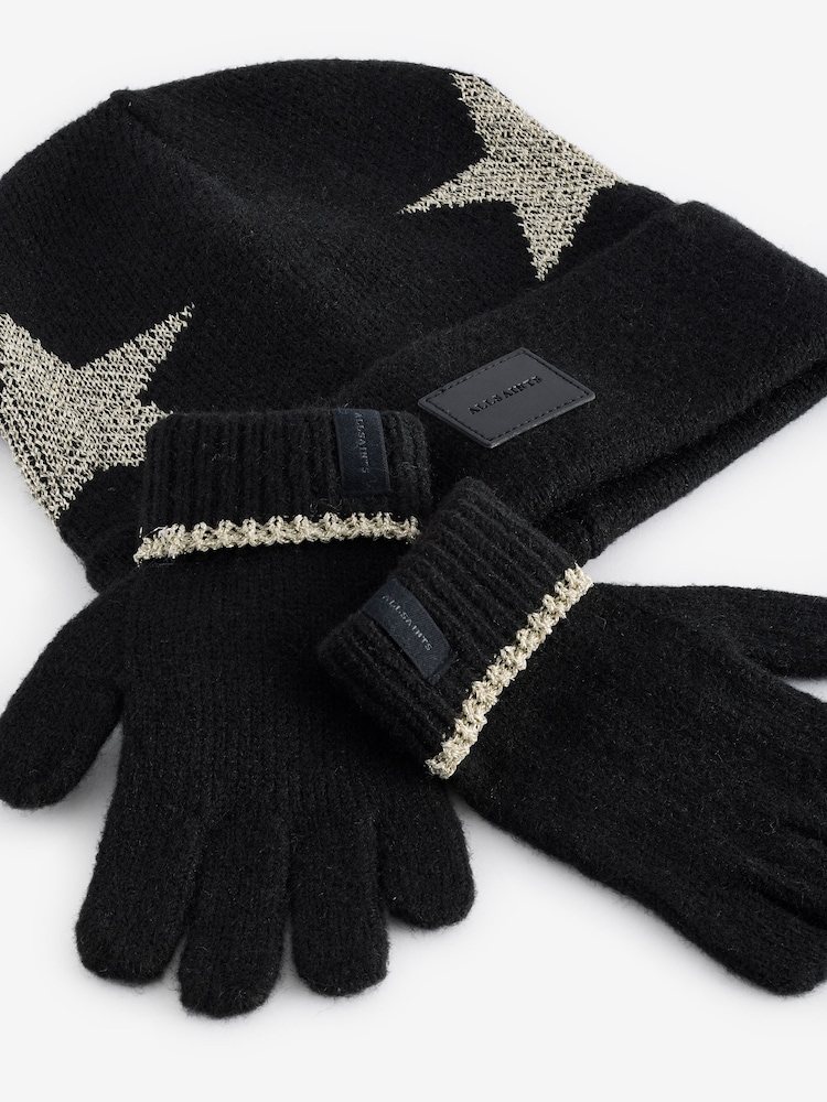 smALLSAINTS Black Metallic Gold Star Beanie and Gloves Set - Image 2 of 7