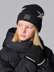 smALLSAINTS Black Metallic Gold Star Beanie and Gloves Set - Image 7 of 7